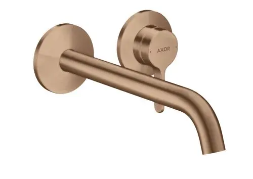 Wandmontierter Wasserhahn mit einem Hebelgriff und einem gebogenen Auslauf, in gebürstetem Rotgold, Marke AXOR.